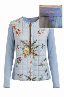 J McLaughlin Women M Blue Silk Quilted Zip Jacket Botanical Insect Print Knit